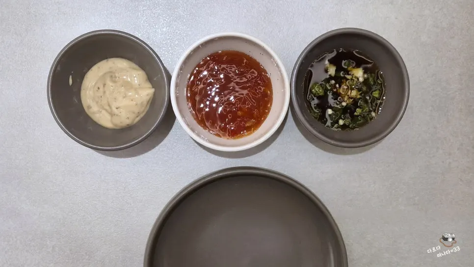 Three sauces: yuzu soy sauce, chili, and sesame