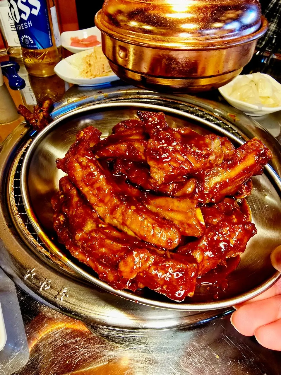 Table spread with an extra order of spicy marinated ribs