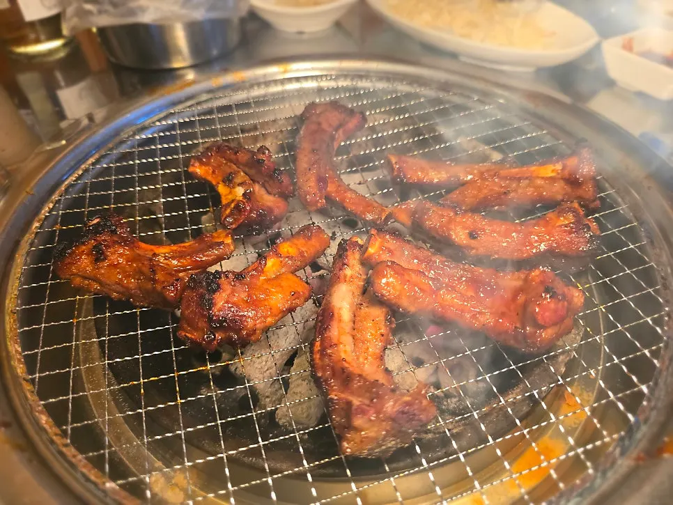 Spicy marinated pork ribs eaten as somaek anju