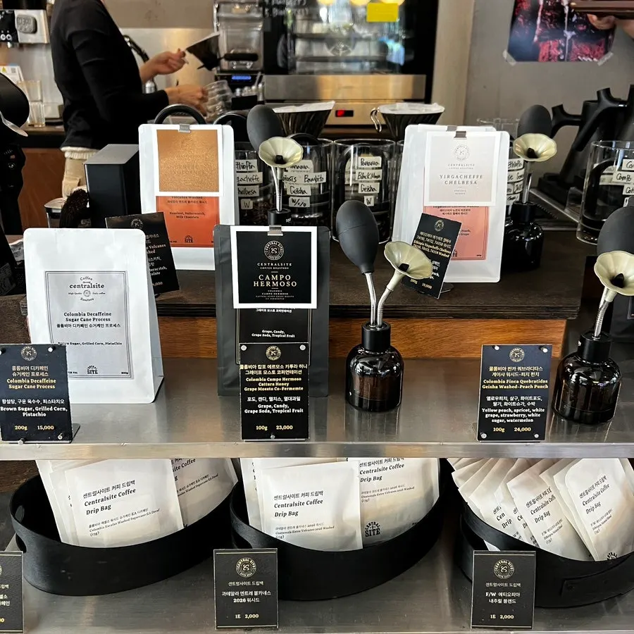 Display of hand-drip coffee beans at Central Site Hapjeong