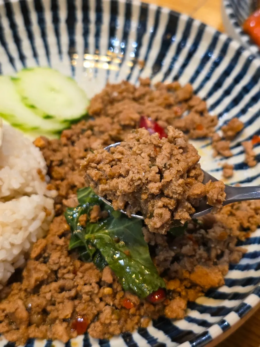 Close-up of the pork in the basil pork stir-fry