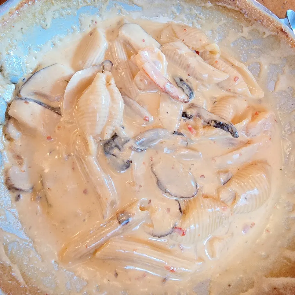 Shrimp cream pasta after being reheated