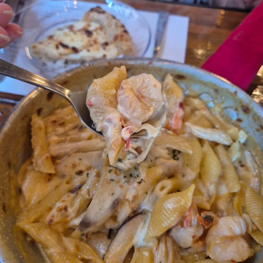 Penne and shrimp tossed in cream sauce