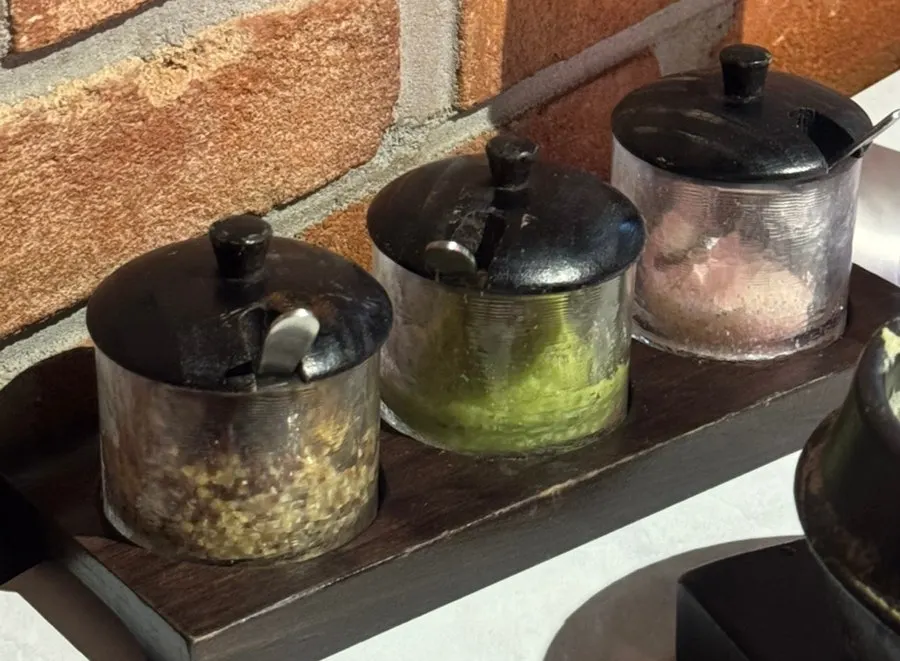 Three sauces: whole grain mustard, wasabi, and salt