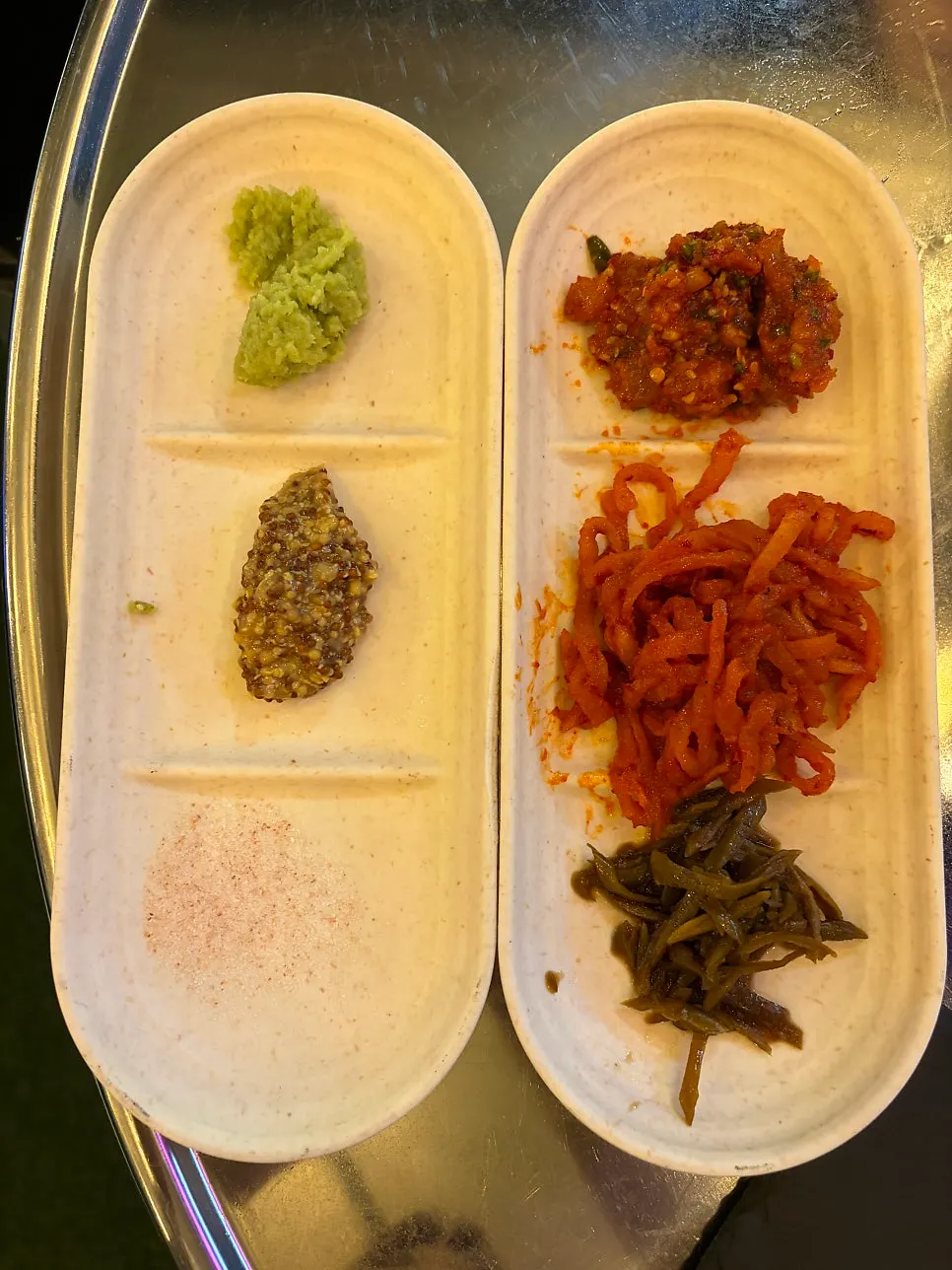 Fresh wasabi, whole grain mustard, pink salt and side dishes