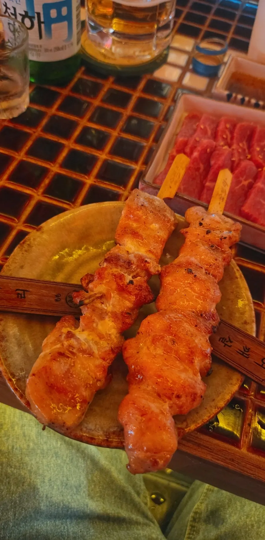 Yakitori with draft beer and Cheongha