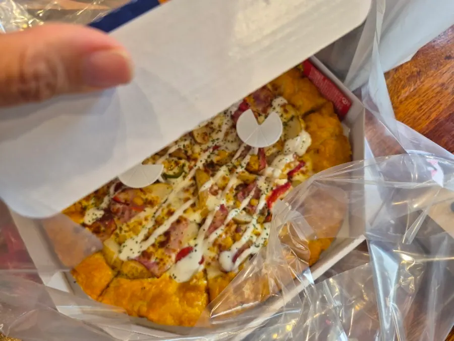 Large bacon potato pizza loaded with toppings