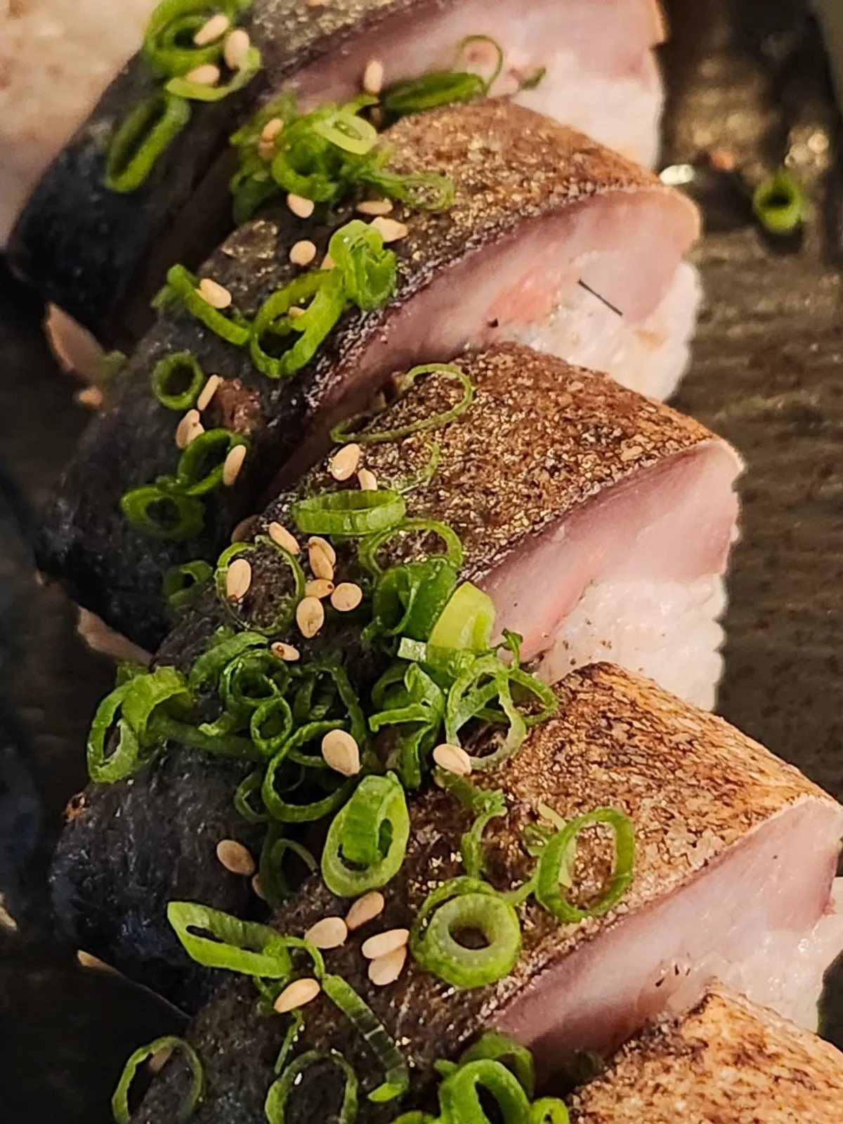 表面を焼いたサバ棒寿司のクローズアップ