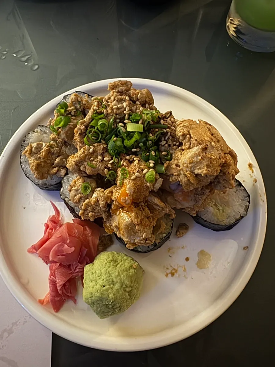 Close-up of ankimo piled on top of the gimbap