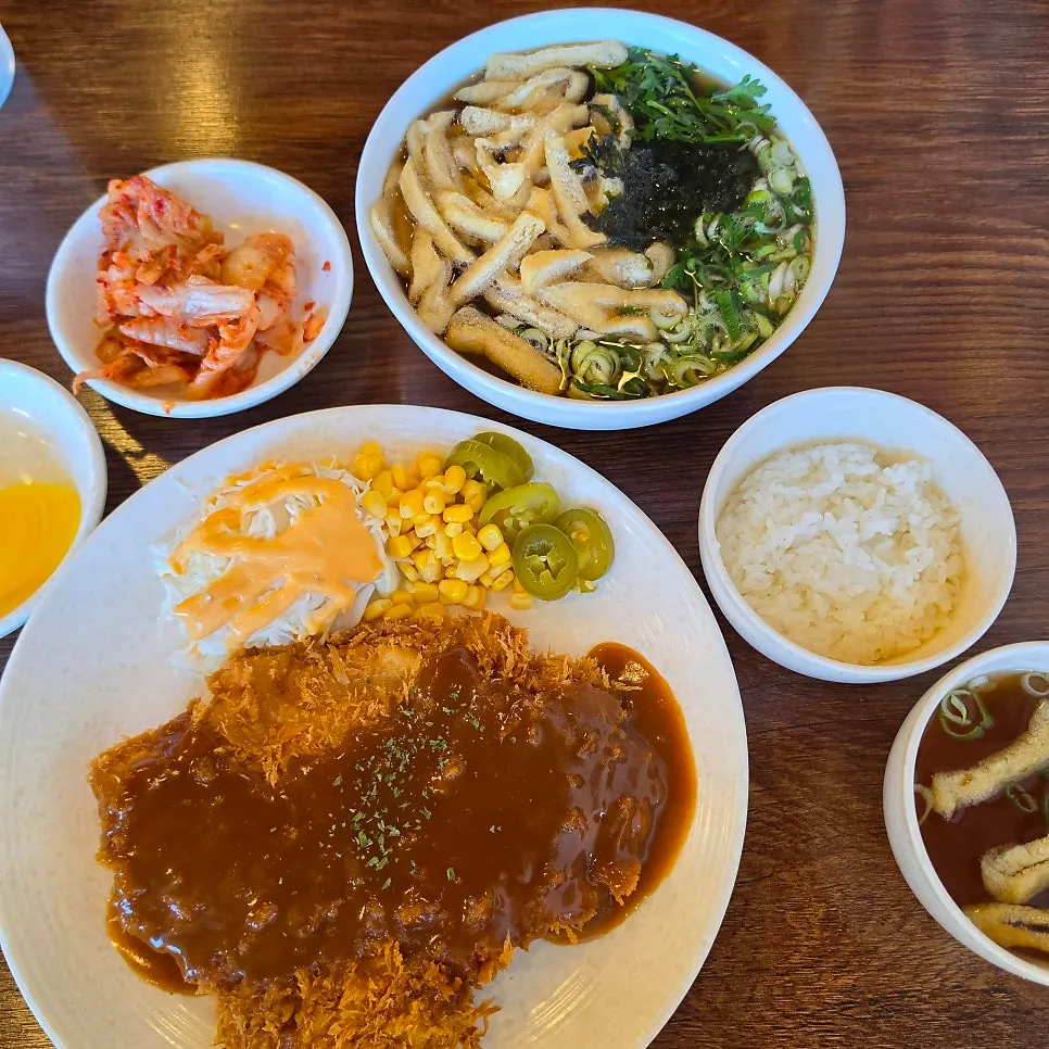 Solo meal spread with both udon and pork cutlet
