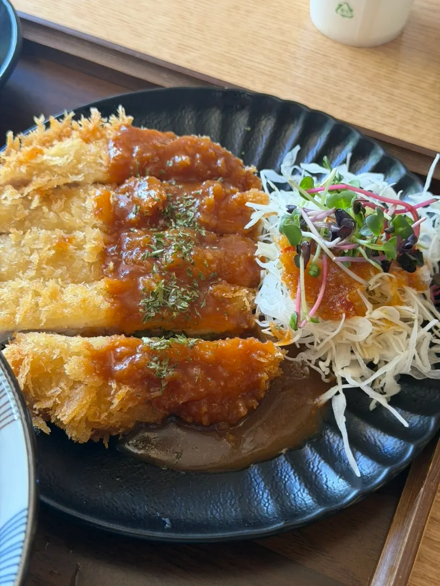 Tenderloin donkatsu topped with a generous amount of sauce