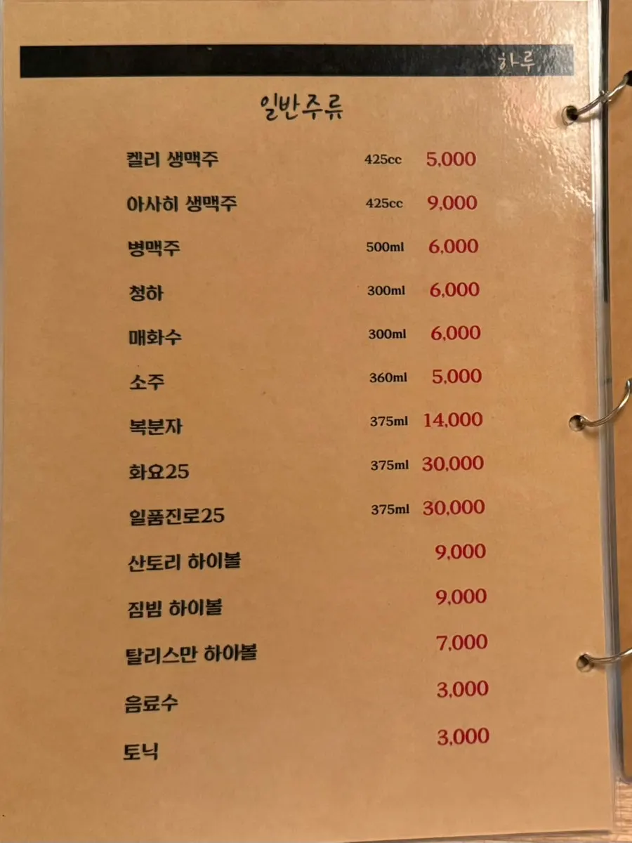 Menu listing sake by the glass and tokkuri flasks
