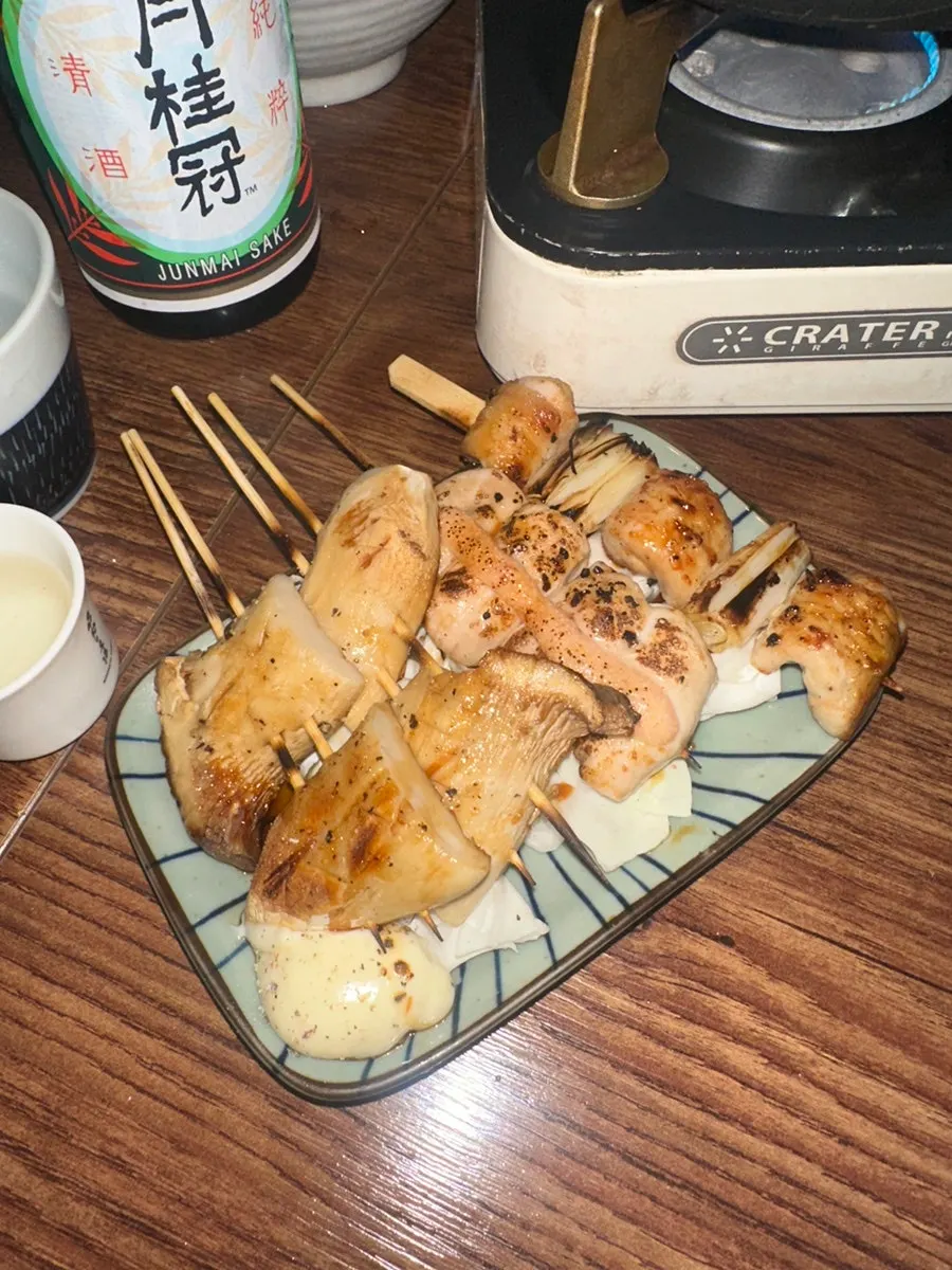 Grilled mushroom skewer with a nutty aroma