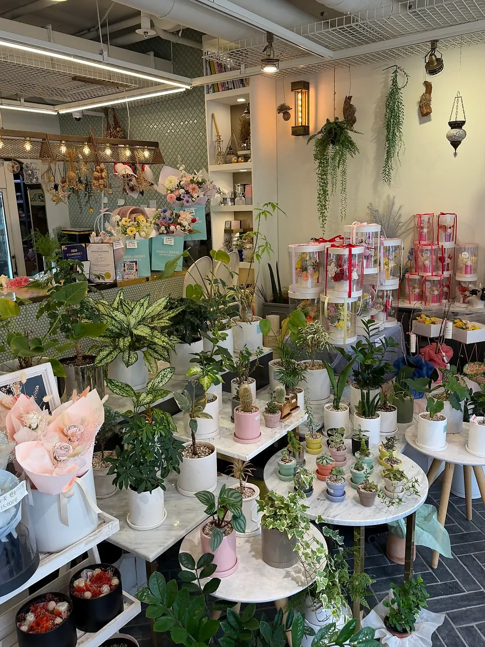 Interior of the flower shop filled with fresh flowers and plants