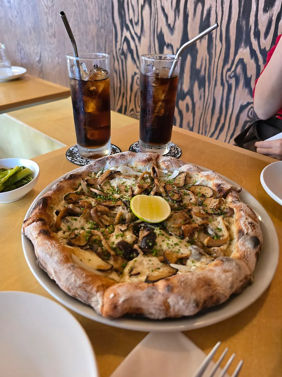 Close-up of pizza piled high with mushrooms