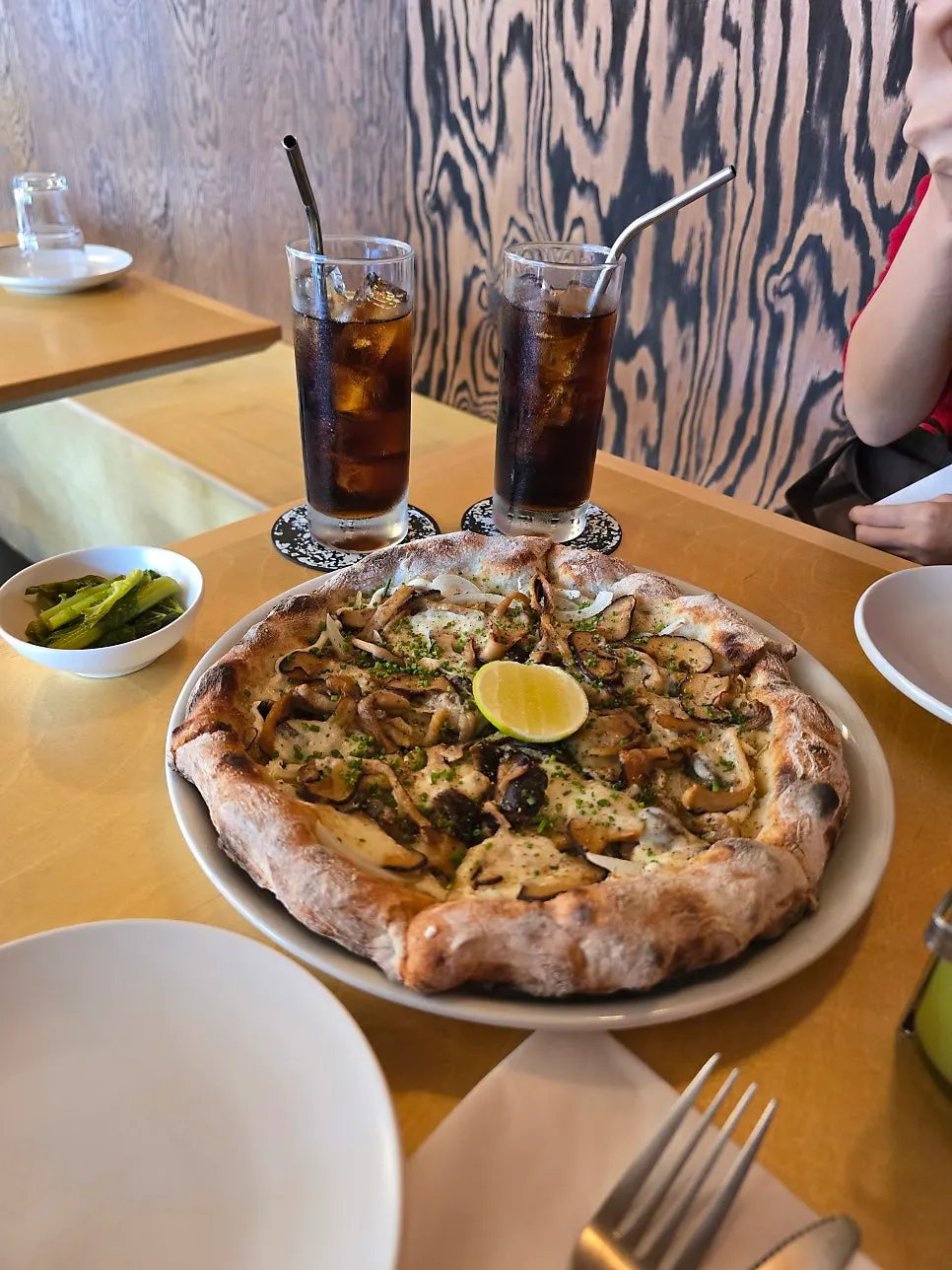 Fall mushroom pizza displayed on the table