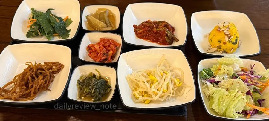 Table full of banchan side dishes