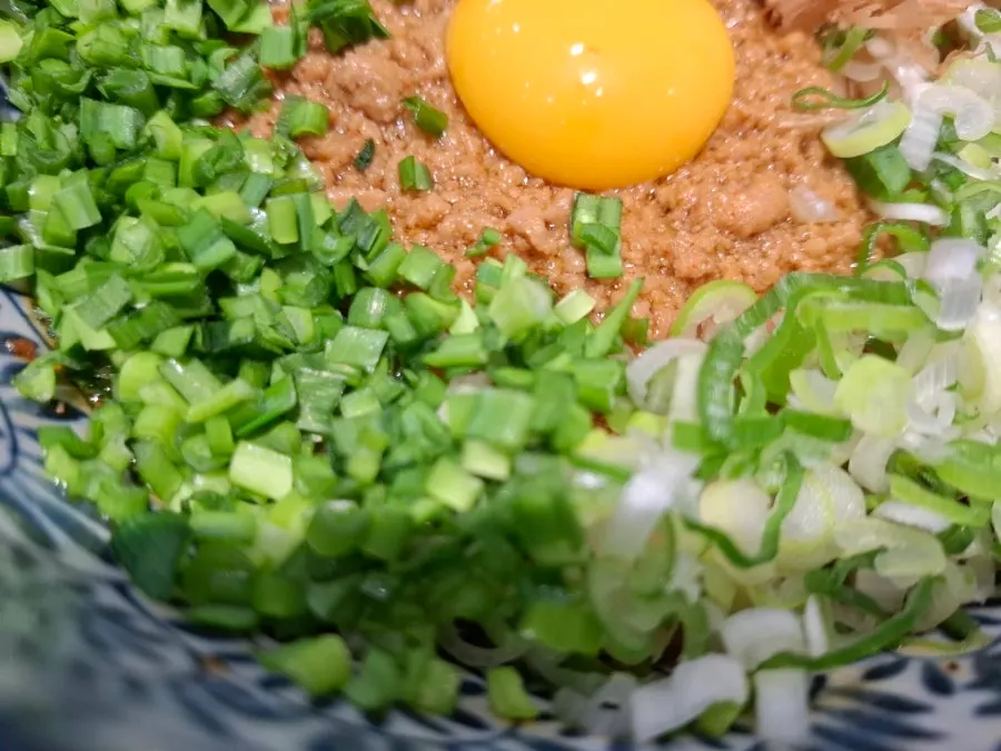 Full spread of the salmon rice bowl set and mazesoba together