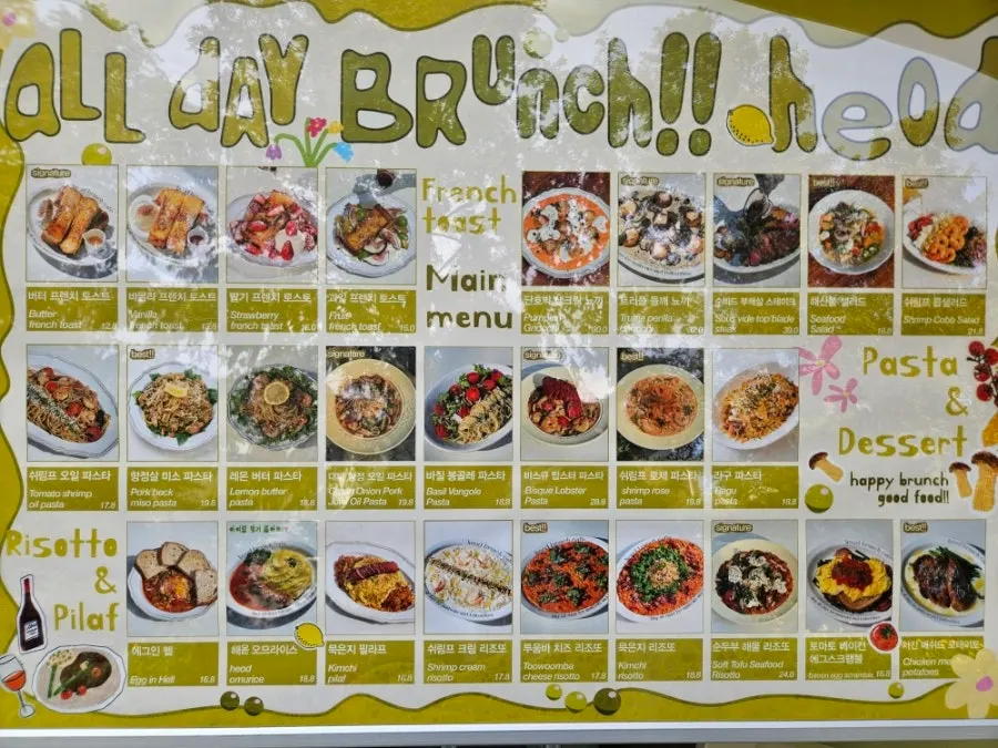 HEOD's menu lineup featuring French toast and pasta together