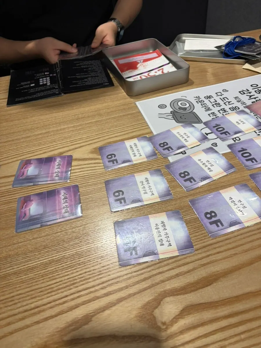 Table spread with Dead Box clue cards