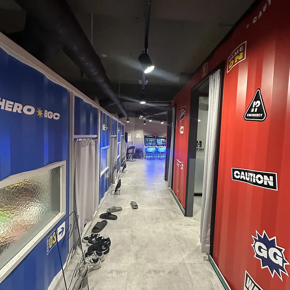 Wide view of the spacious board game café interior seating