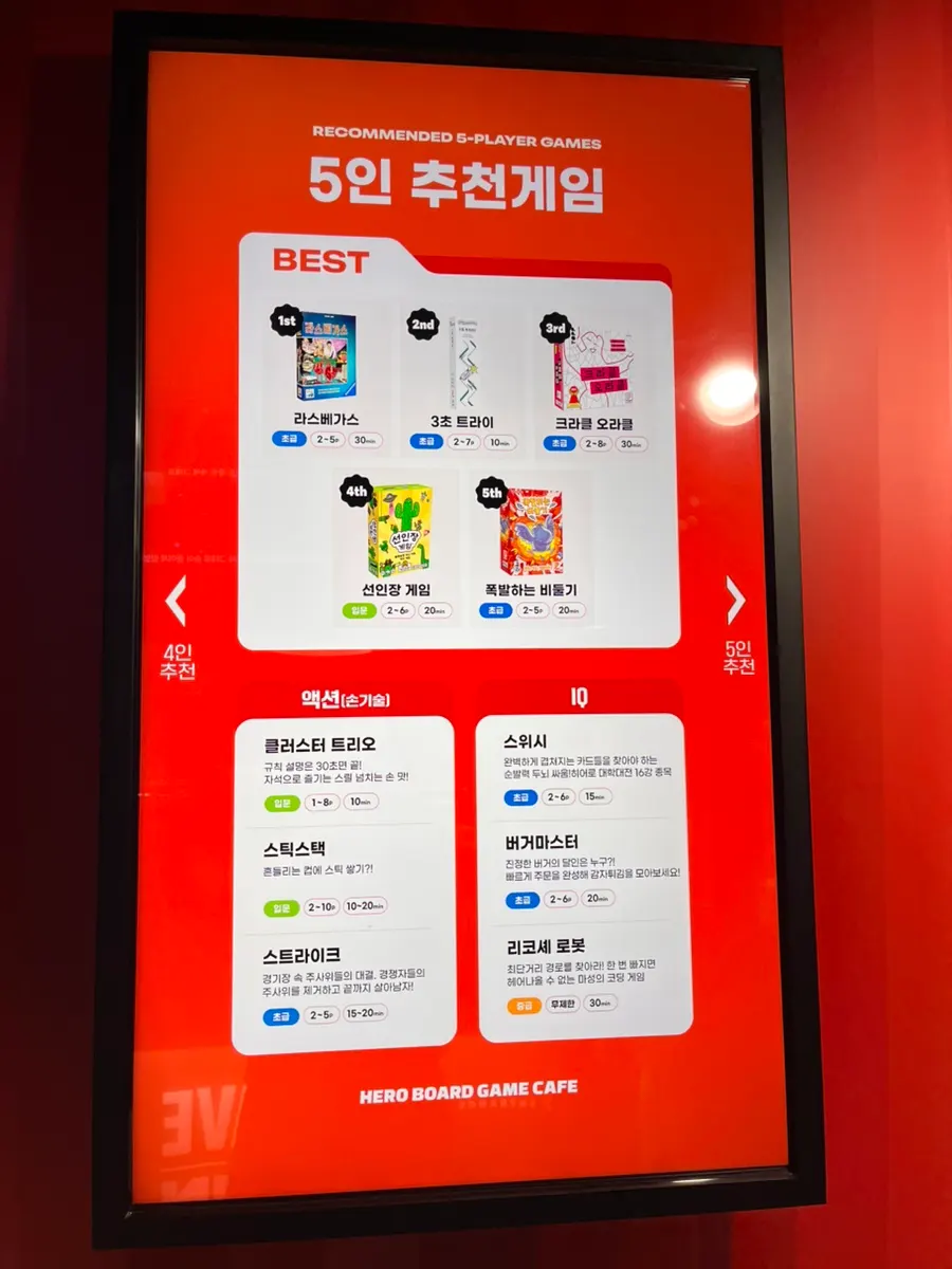 Screen showing recommended board games by group size