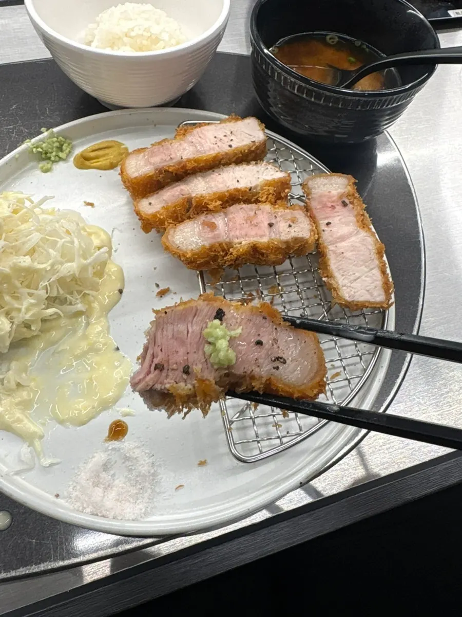 A piece of tonkatsu dipped in sauce