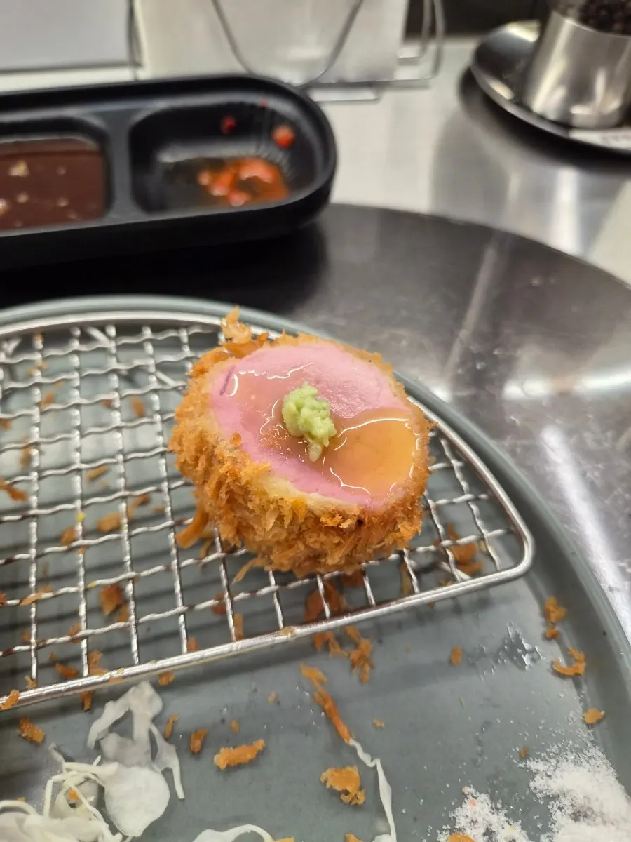 Tenderloin katsu paired with truffle oil and wasabi