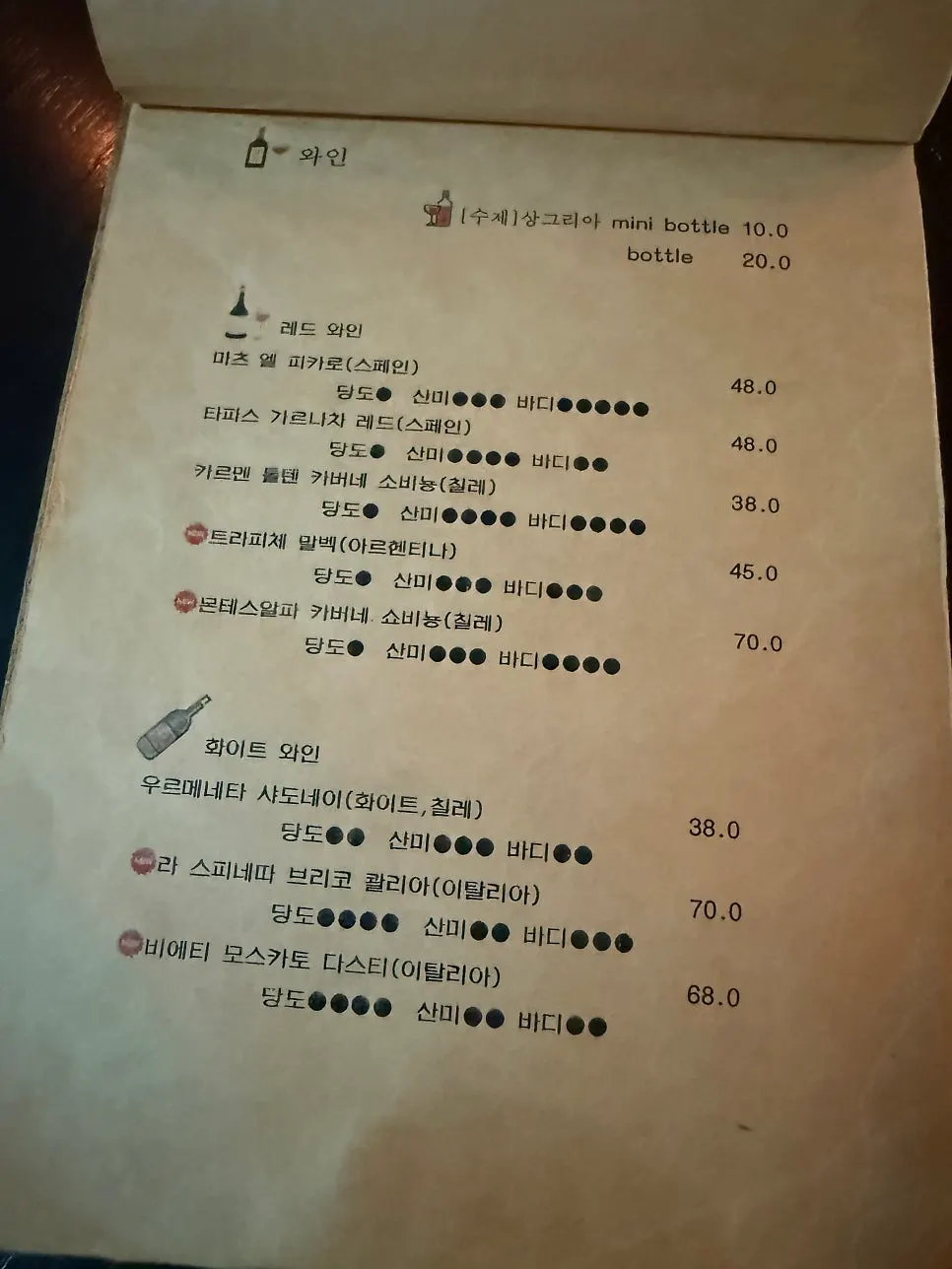 Heui's menu listing gambas and mussel soup