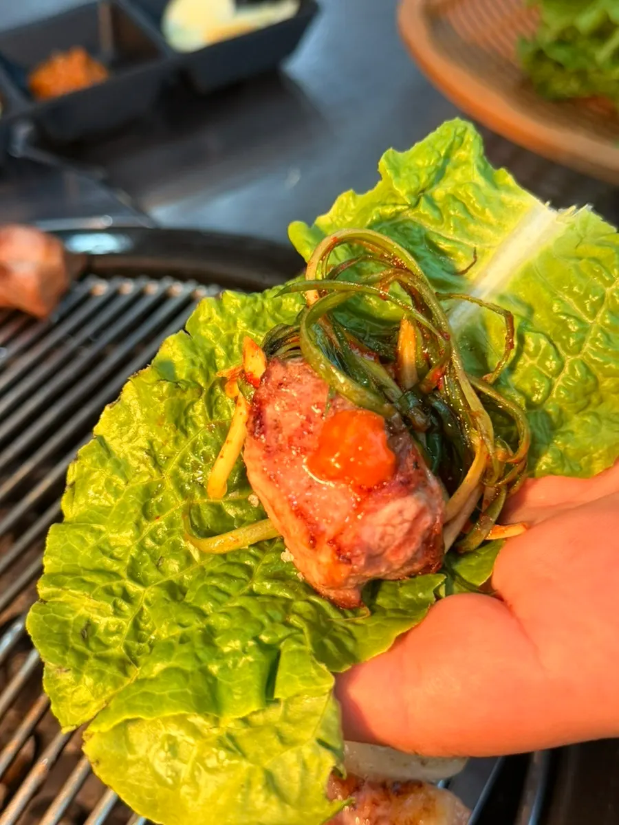 Close-up of chewy grilled neck meat