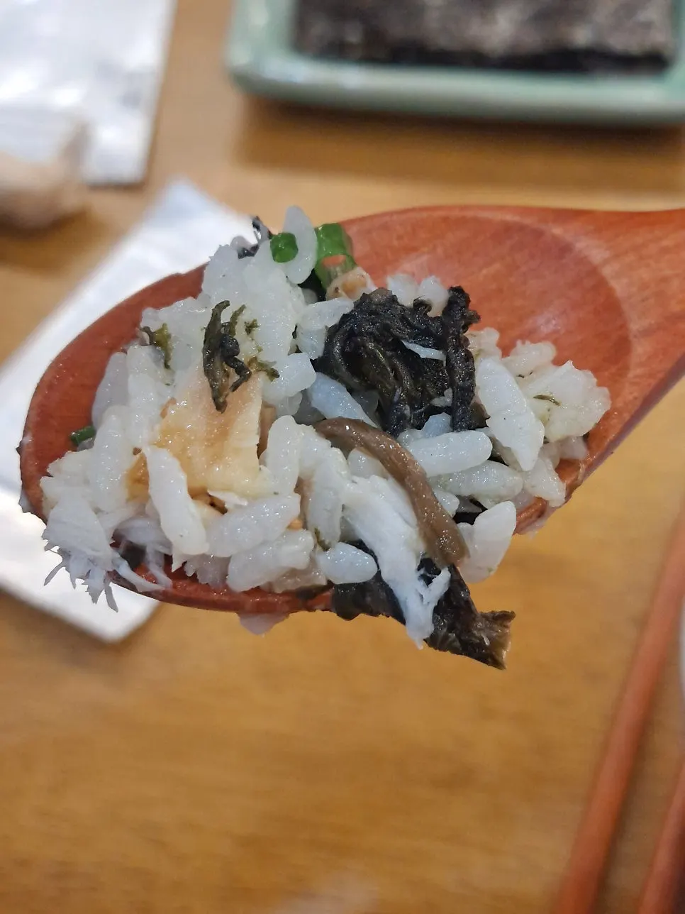 Plump mackerel pieces on top of gondre rice