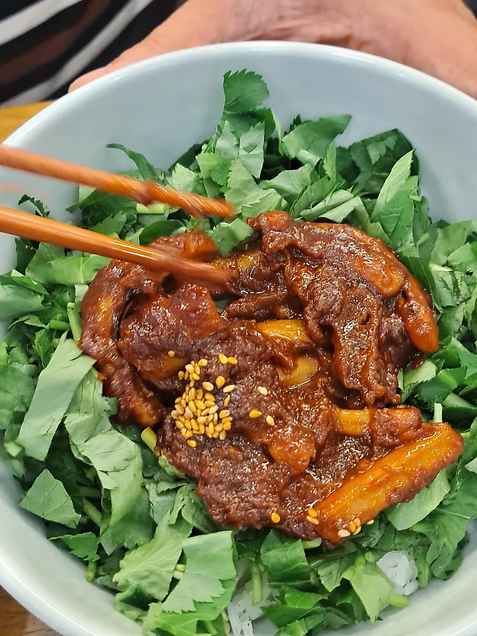 A plate of seasoned deodeok skewers