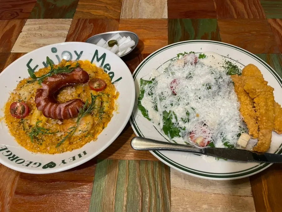 Jambalaya rosé risotto and chicken tender Caesar salad set at Hey Joji