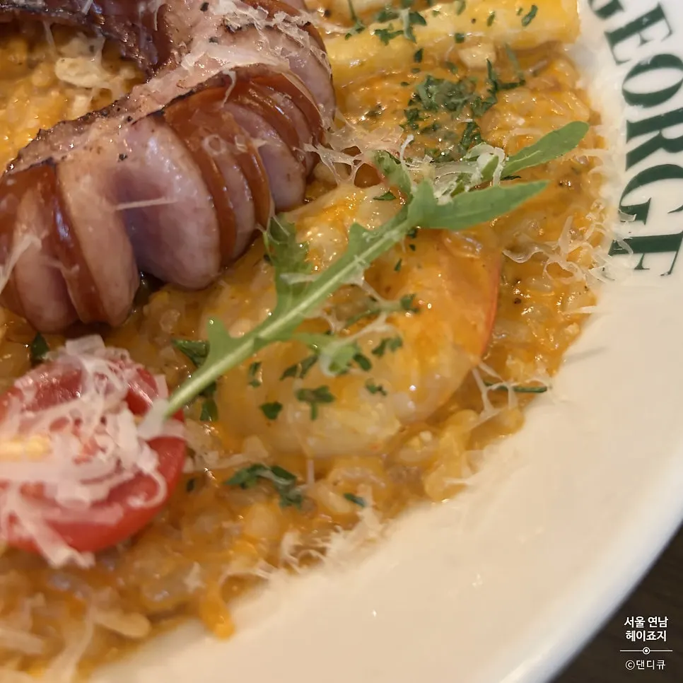 Risotto showing shrimp and squid toppings