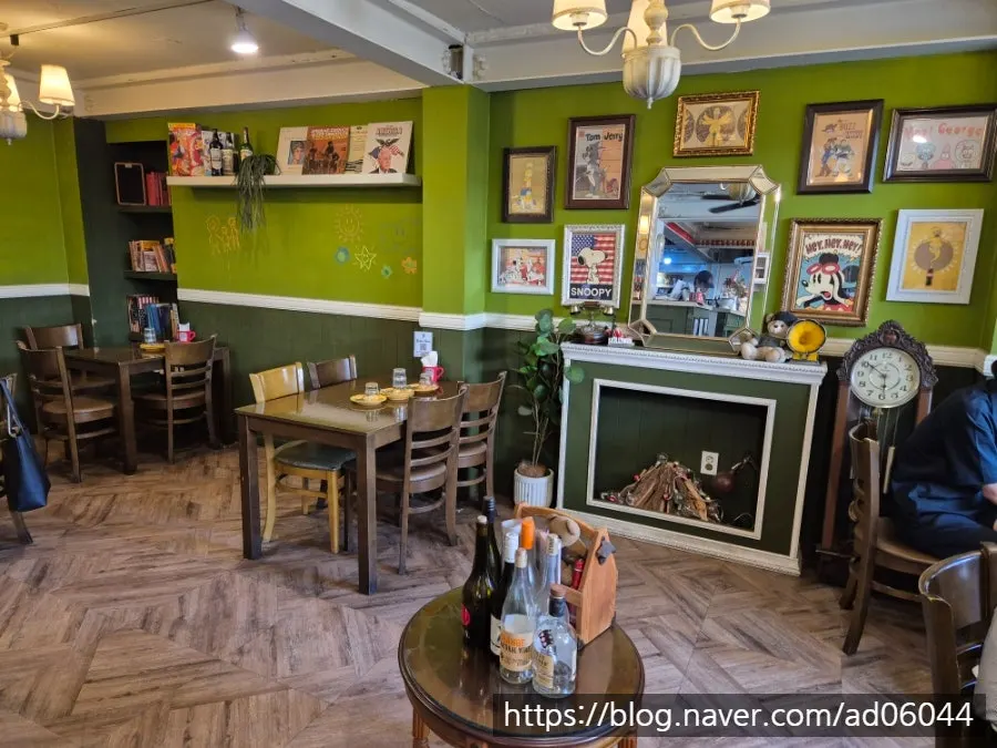 Character frame decor on the green interior walls