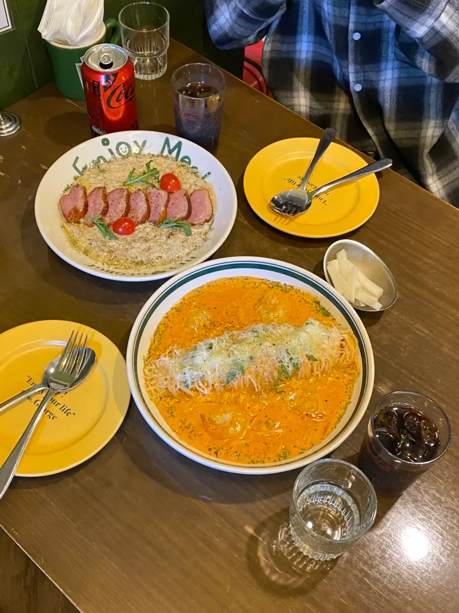 Close-up of the freshly served pasta and risotto