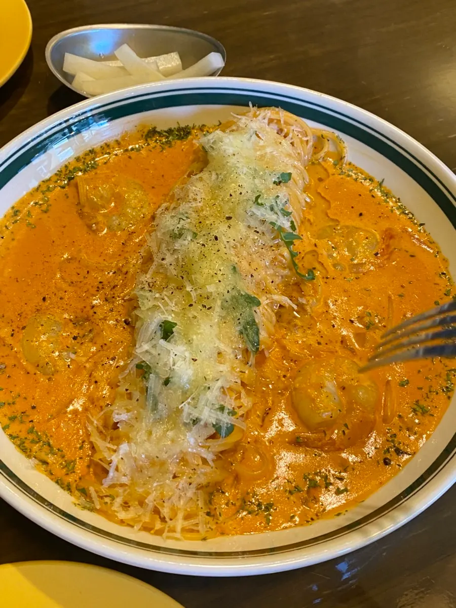 Cajun Shrimp Rosé Pasta piled with cheese