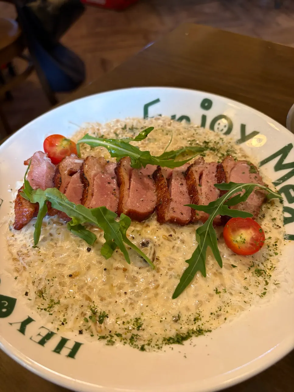 A plate of Hey Joji's duck truffle cream risotto