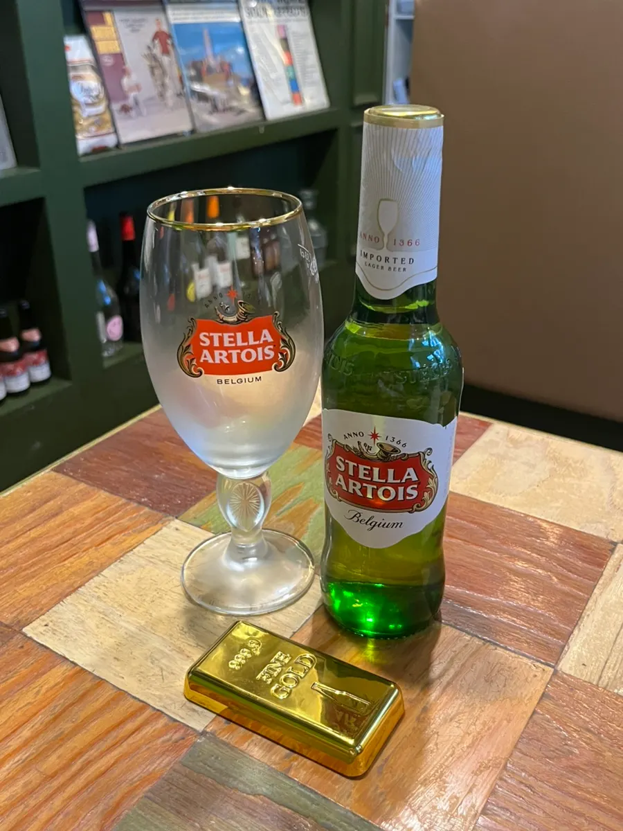 A Stella lager beer served alongside the meal