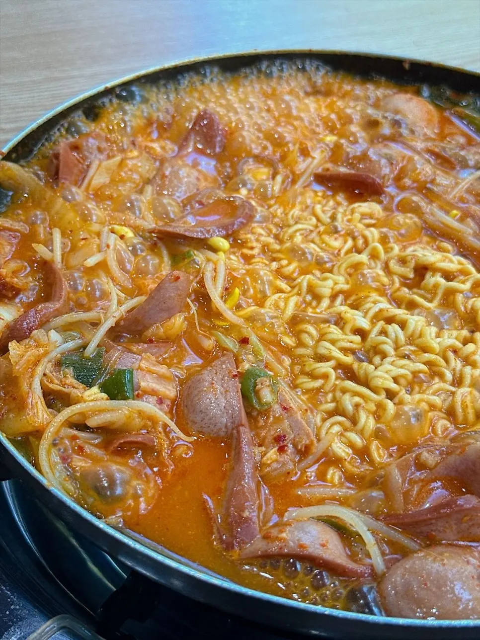 Budae jjigae with ramen noodle sari added after removing some ingredients