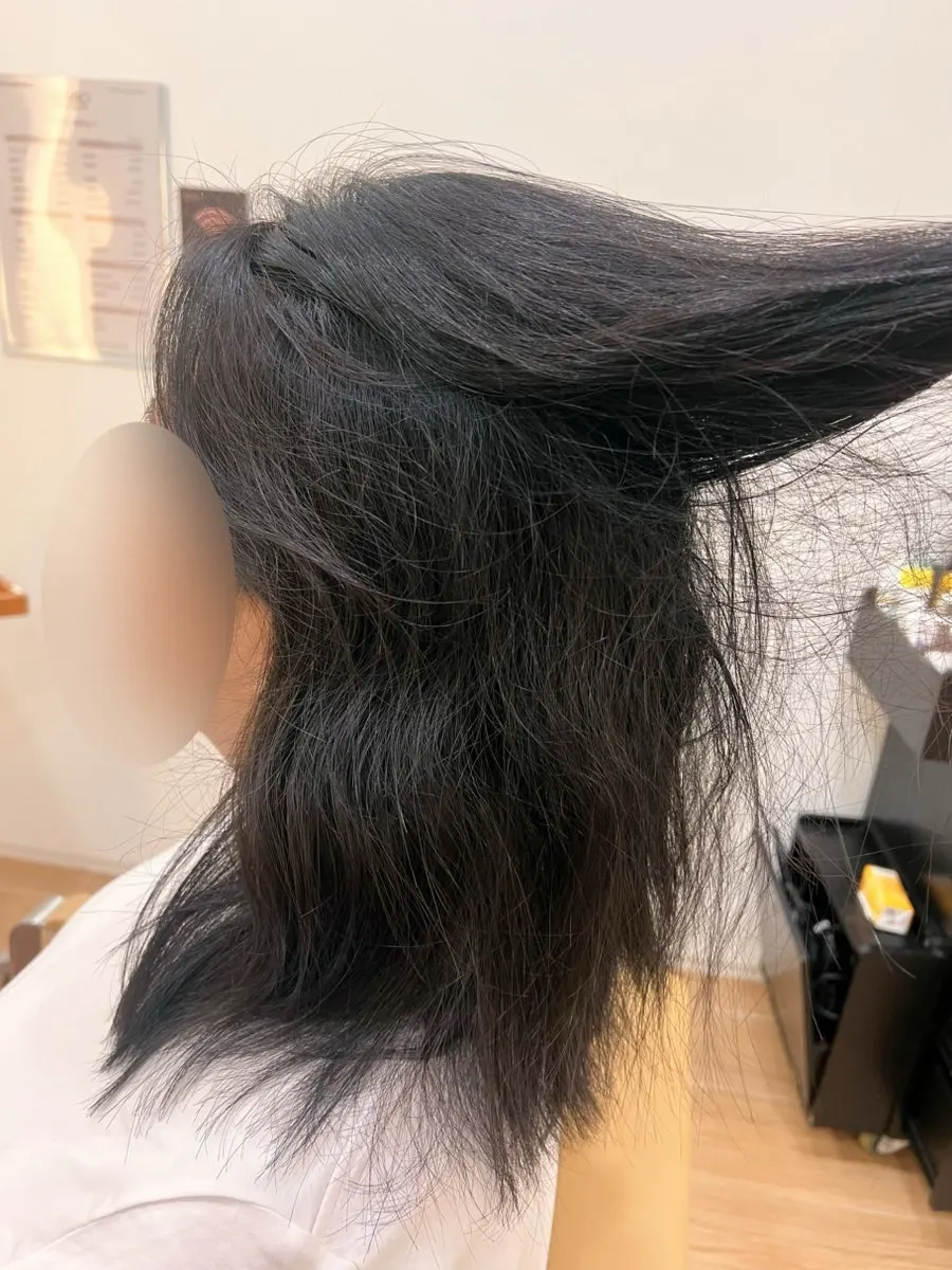 Before shot of semi-wavy hair before treatment