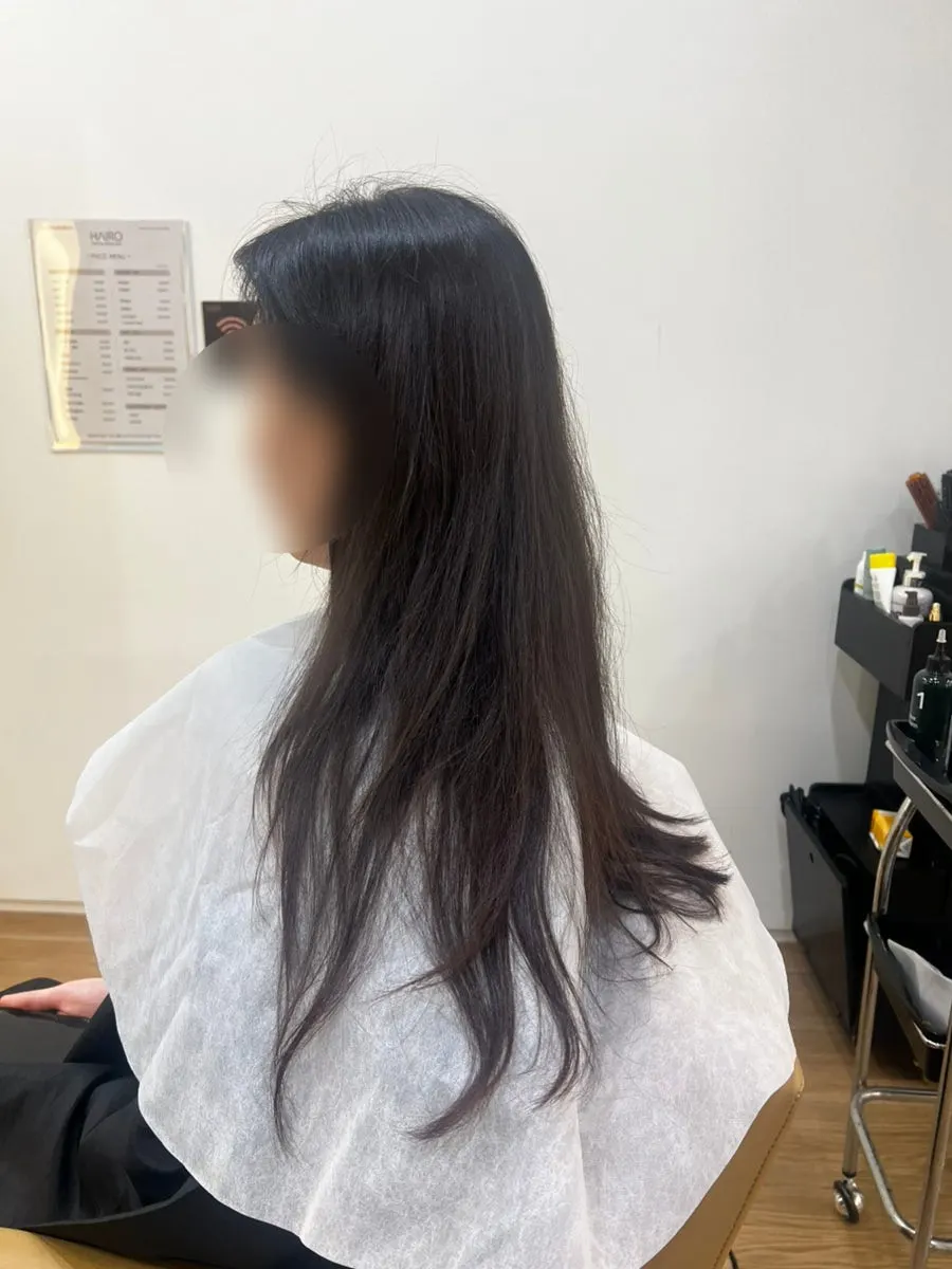 Back view of hair with the layered cut grown out, before treatment
