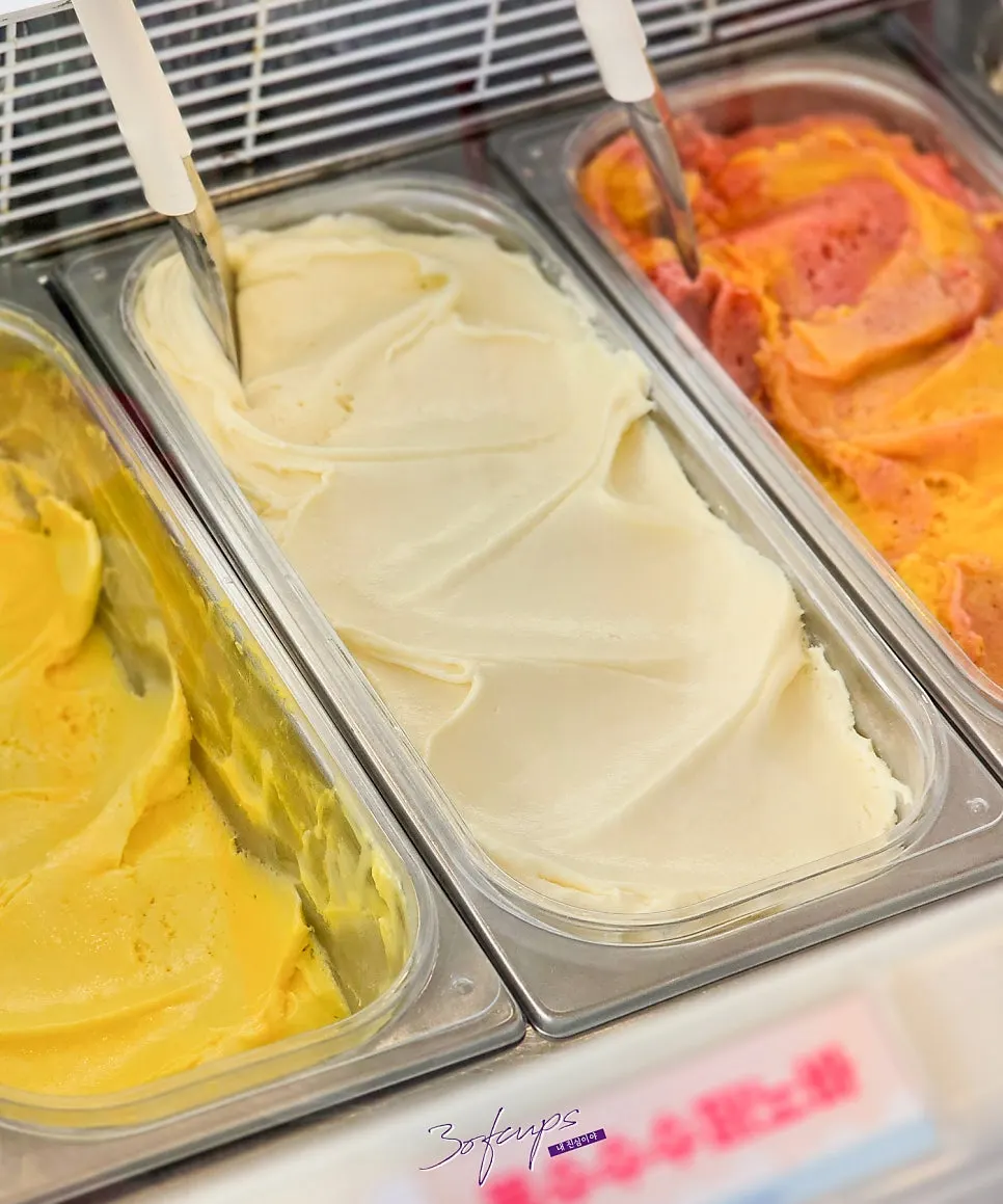 Flavor name tags on the gelato showcase