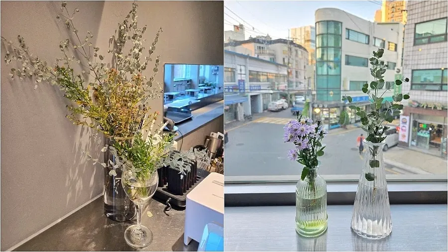 Mini flower vases and props on a table