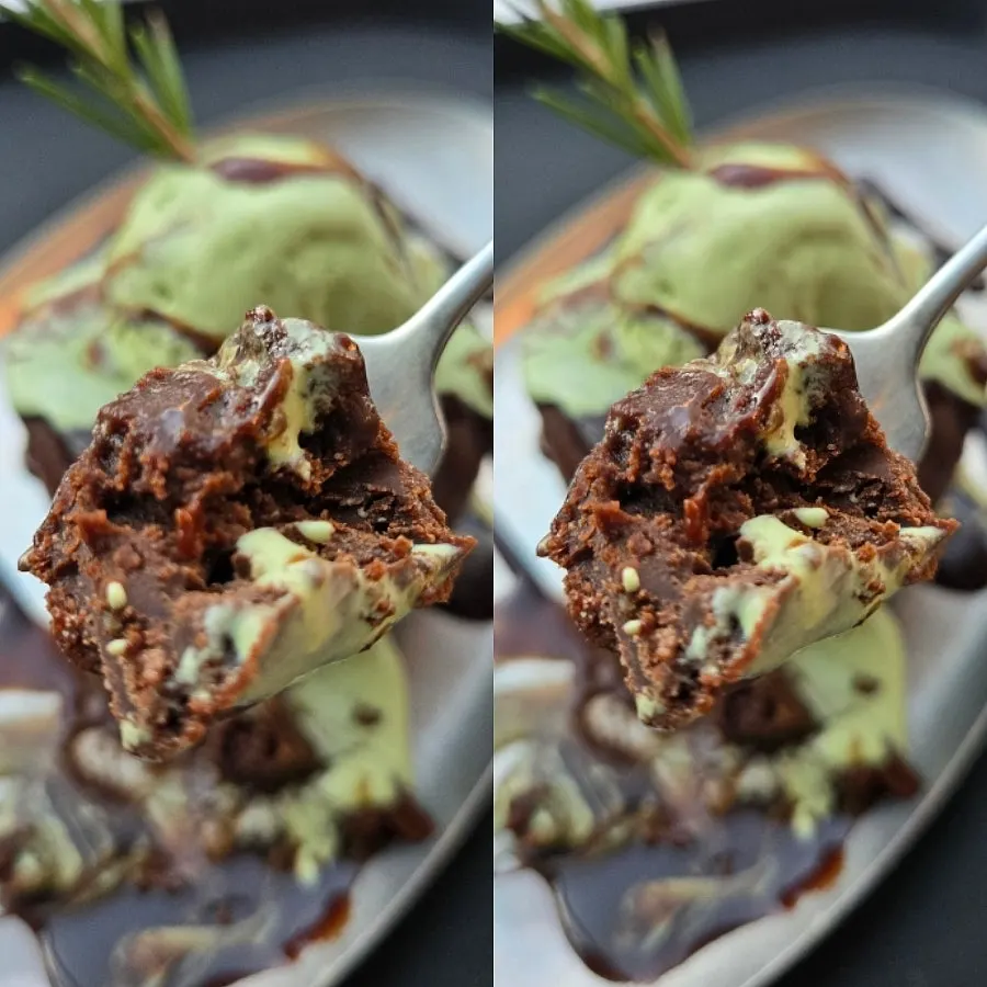 Close-up of the matcha ice cream on top of the brownie