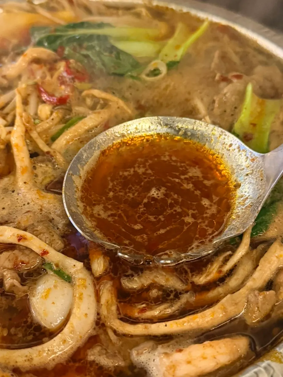 Mala hot pot broth with beef brisket and bok choy