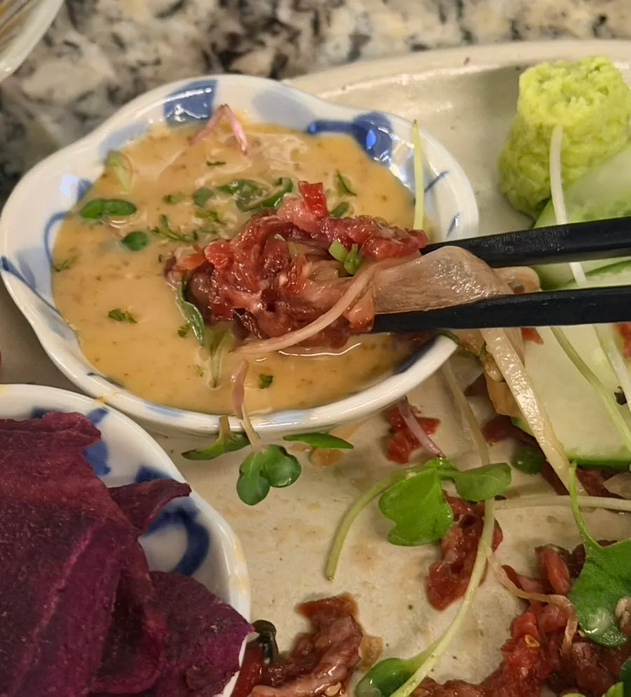 Hanwoo beef tartare dipped in soy sauce