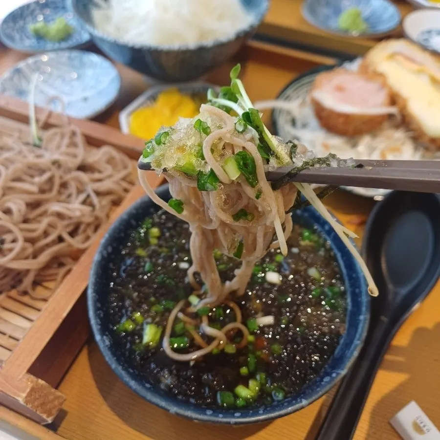 Cold soba noodles dipped in the broth