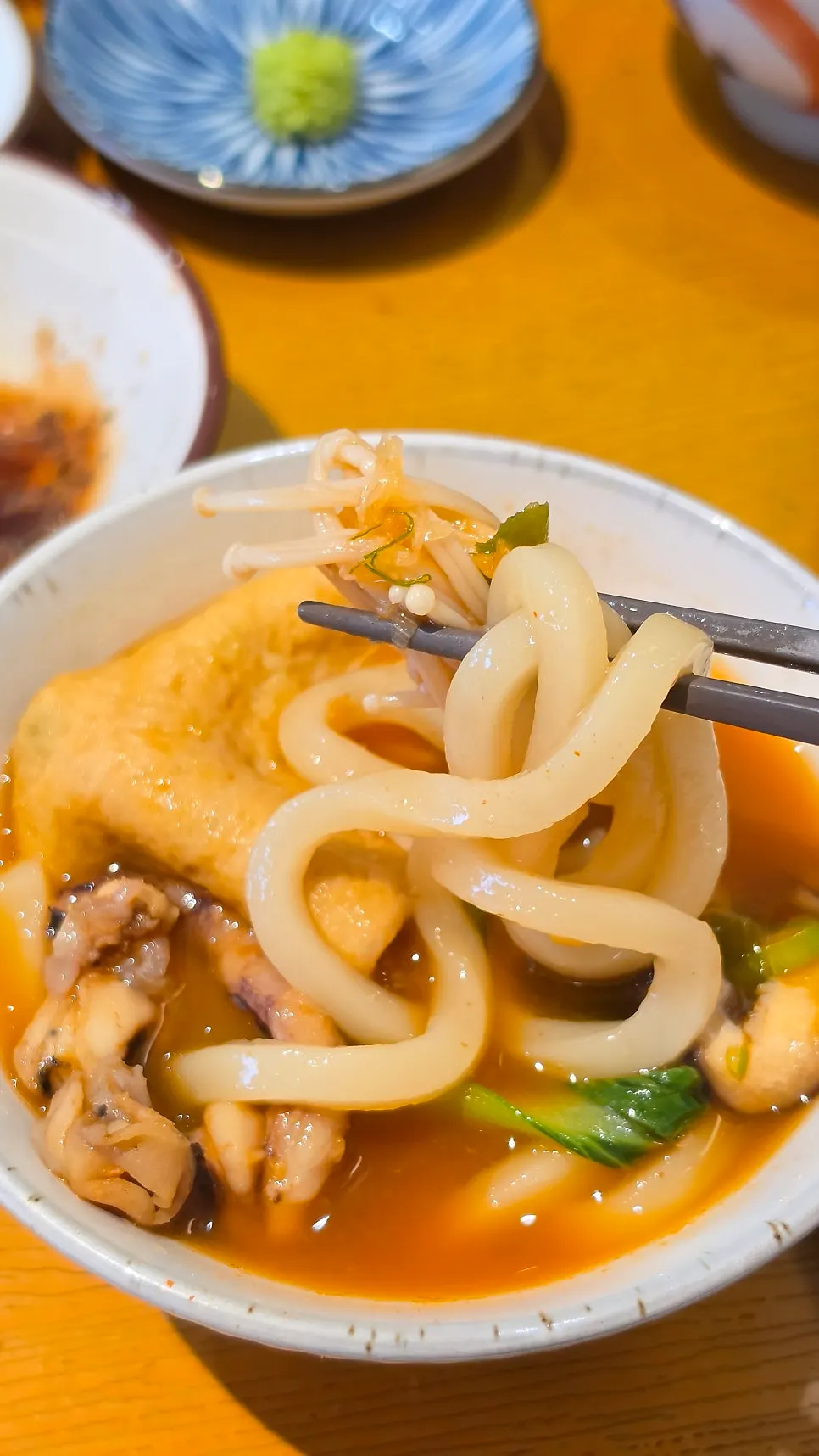 Udon noodles lifted with chopsticks