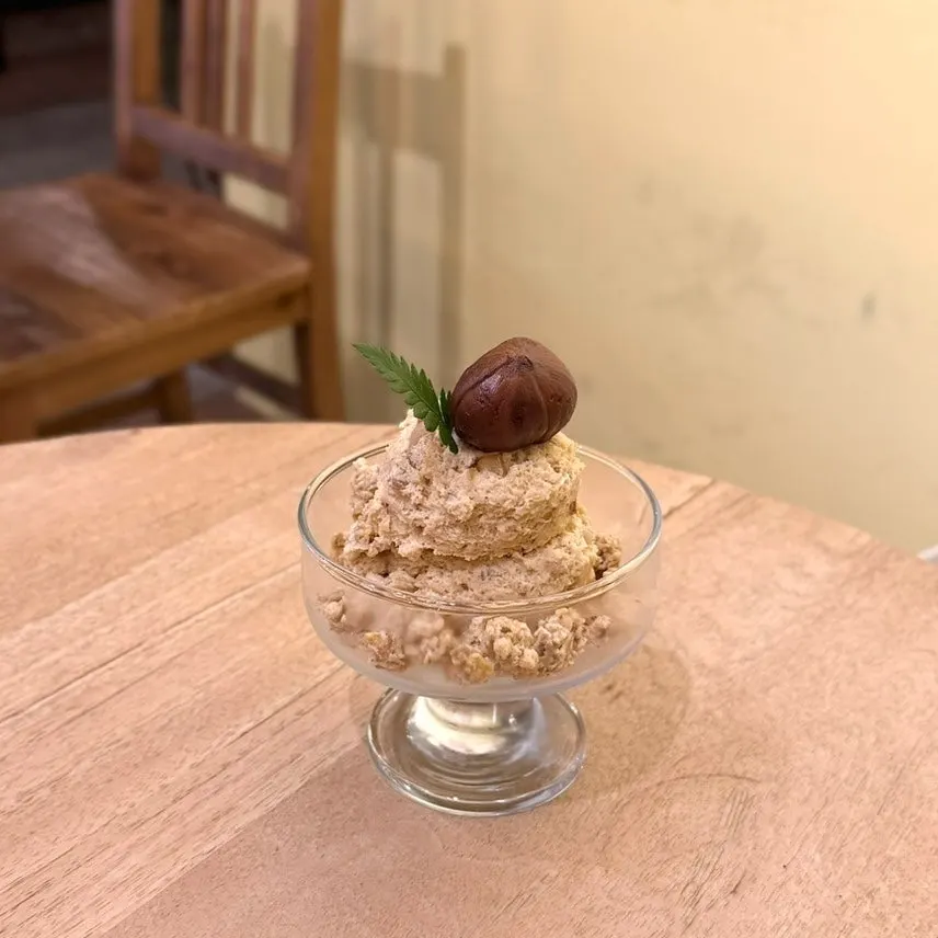 Mont Blanc chestnut cream pudding topped with a big candied chestnut